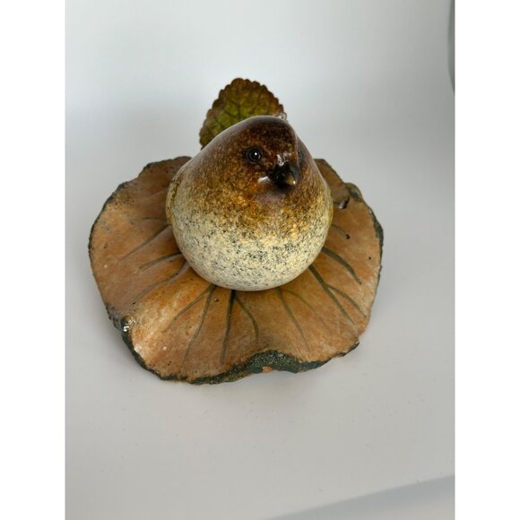 Pottery Fat Brown Bird Figure With Leaf Shaped Wings & Tail Sitting On A Leaf - Picture 5 of 13